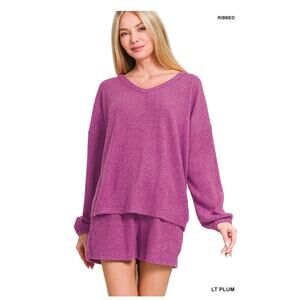 Brushed Ribbed Hacci V-Neck Long Sleeve Tee & Shorts Set - Small